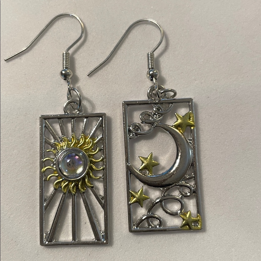 Silver and Gold Sun and Moon Earrings - Picture 8 of 12